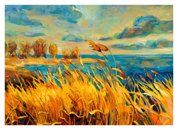 Sklenený obraz - Západajúce slnko nad jazerom, akrylová maľba (70x50 cm)