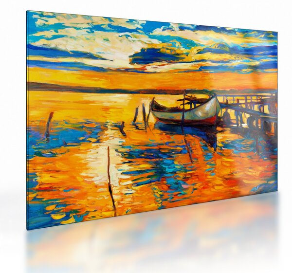 Sklenený obraz - Loďka pri západe slnka (70x50 cm)