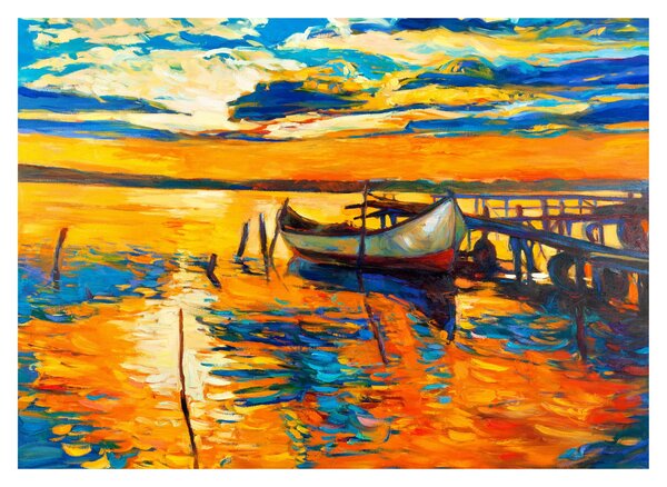 Sklenený obraz - Loďka pri západe slnka (70x50 cm)