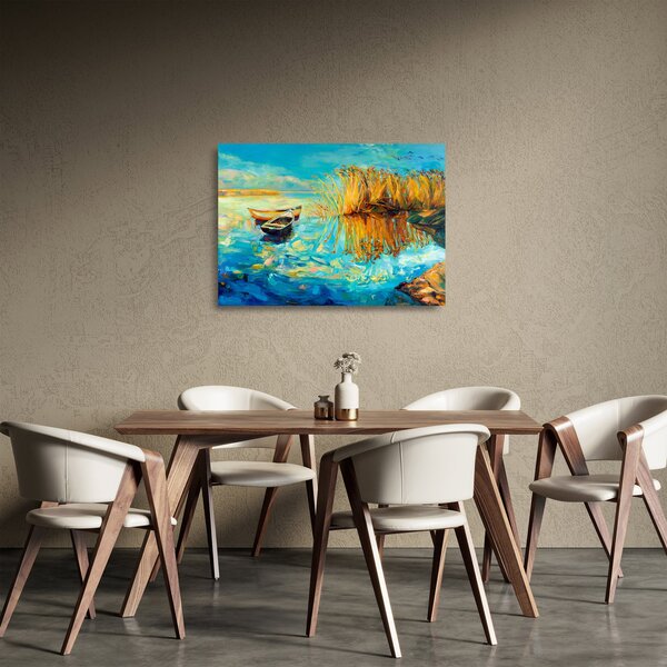 Sklenený obraz - Jazero s loďkami (70x50 cm)