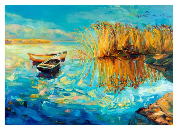 Sklenený obraz - Jazero s loďkami (70x50 cm)