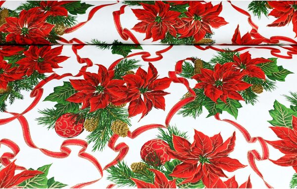 Vianočný behúň na stôl Vianočná ruža na bielom Farba Červená Rozmery 40x140 cm
