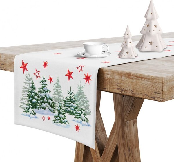 Vianočný behúň na stôl Vianočný stromček s červenými hviezdami MIG933 Farba Biela Rozmery 40x140 cm