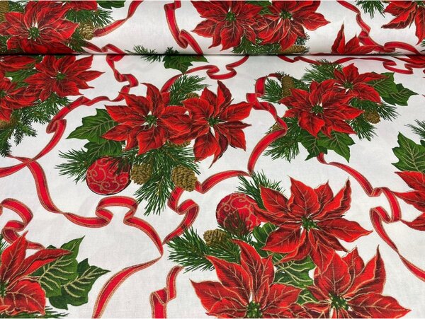 Vianočný behúň na stôl Vianočná ruža na bielom Farba Červená Rozmery 40x140 cm