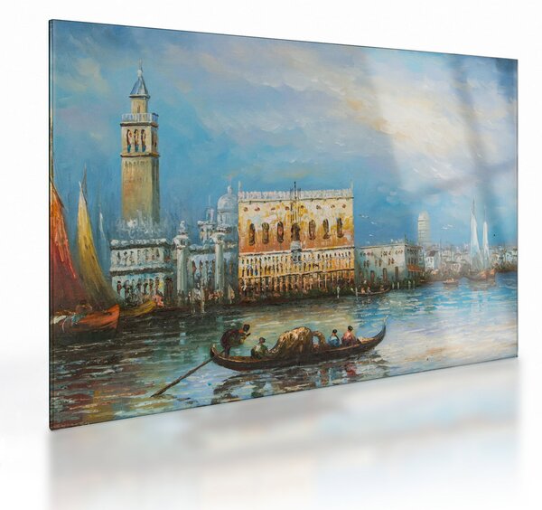 Sklenený obraz - Gondola prechádzajúca Benátkami, olejomaľba (70x50 cm)