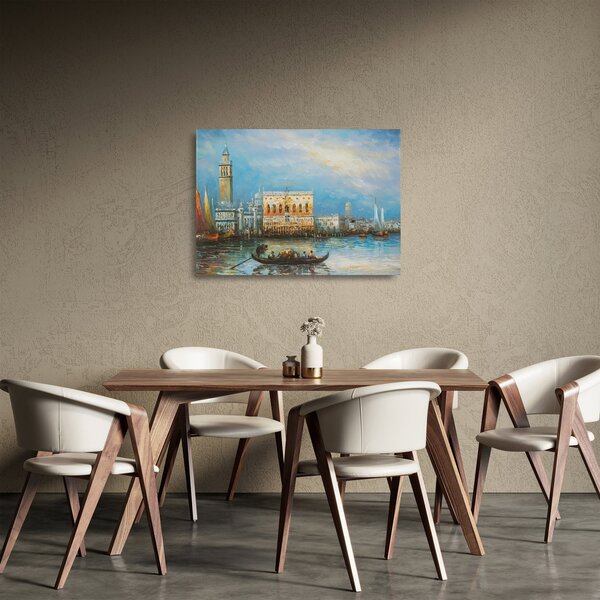 Sklenený obraz - Gondola prechádzajúca Benátkami, olejomaľba (70x50 cm)