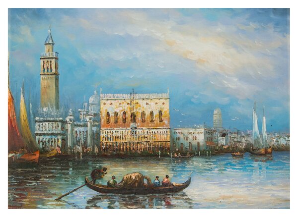 Sklenený obraz - Gondola prechádzajúca Benátkami, olejomaľba (70x50 cm)