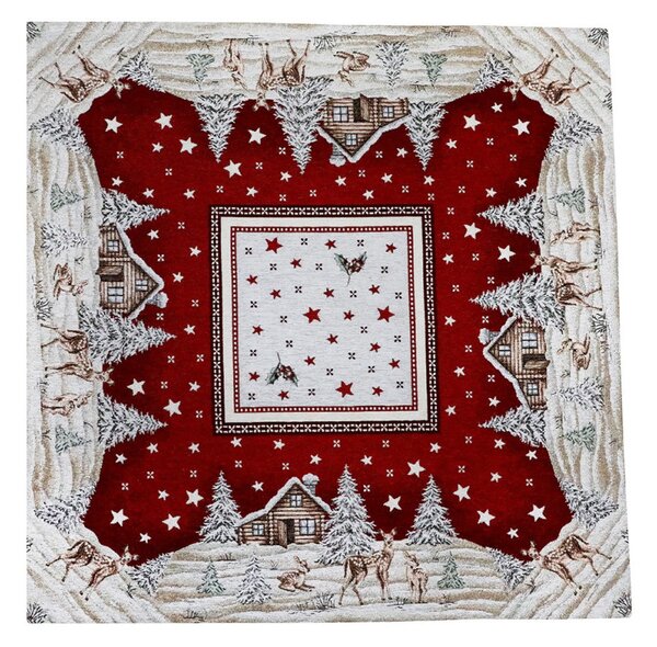 Vianočný gobelínový obrus na stôl Vianočná krajinka na bordovom 90x90 cm Chenille IT029 Farba Červená Rozmery 90x90 cm
