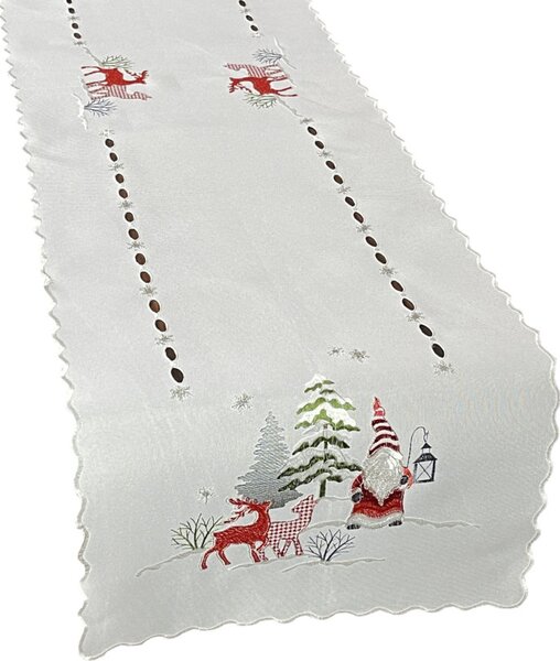 Vianočná biela štóla s výšivkou škriatka a sobov Šírka: 40 cm | Dĺžka: 160 cm