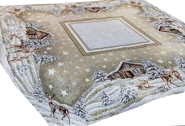 Vianočný gobelínový obrus na stôl Zasnežená krajinka v béžovom 90x90 cm Chenille IT030 Farba Béžová Rozmery 90x90 cm