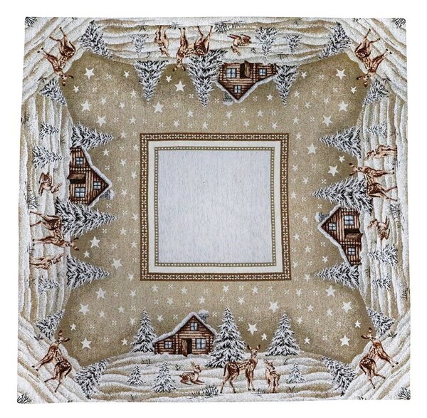 Vianočný gobelínový obrus na stôl Zasnežená krajinka v béžovom 90x90 cm Chenille IT030 Farba Béžová Rozmery 90x90 cm