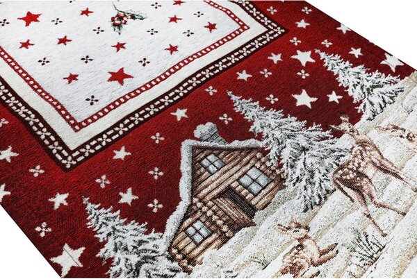 Vianočný gobelínový behúň na stôl Zimná krajinka na bordovom Chenille IT029 Farba Červená Rozmery 40x130 cm