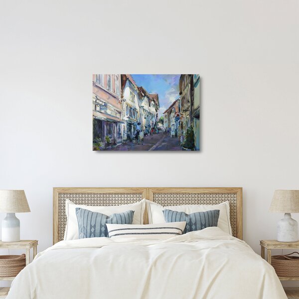 Sklenený obraz - Ulička starého mesta, akrylová maľba (70x50 cm)