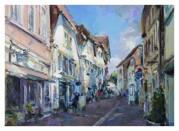 Sklenený obraz - Ulička starého mesta, akrylová maľba (70x50 cm)