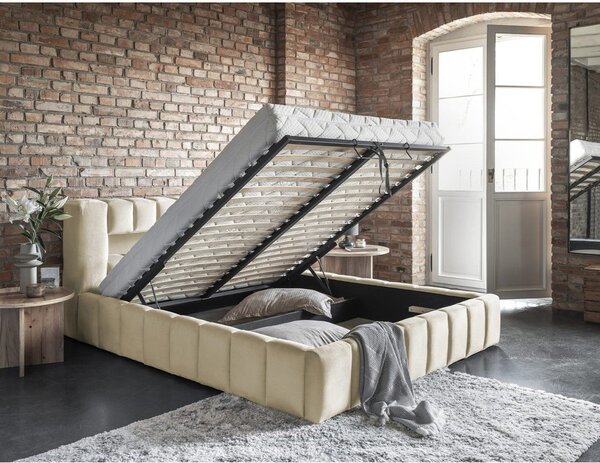 Béžová čalúnená dvojlôžková posteľ s úložným priestorom s roštom 160x200 cm Lamica – ELTAP