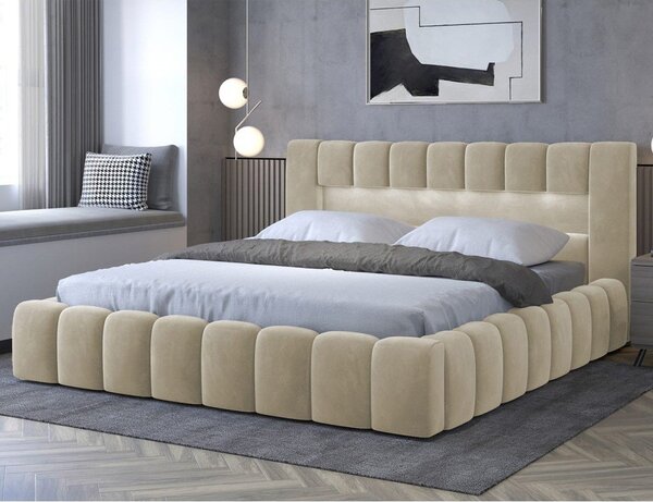 Béžová čalúnená dvojlôžková posteľ s úložným priestorom s roštom 160x200 cm Lamica – ELTAP