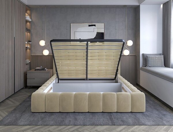 Béžová čalúnená dvojlôžková posteľ s úložným priestorom s roštom 160x200 cm Lamica – ELTAP