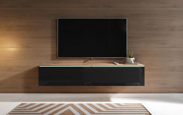 Nízka komoda s LED, dub wotan, čierna s vysokým leskom, 140/30/33 cm P & B - Online Only drobný nábytok, Online Only