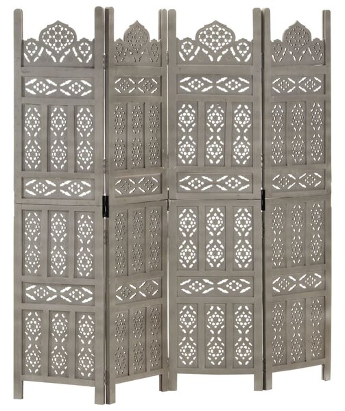 Ručne vyrezávaný 4-panelový paraván sivý 160x165 cm mangovníkový masív