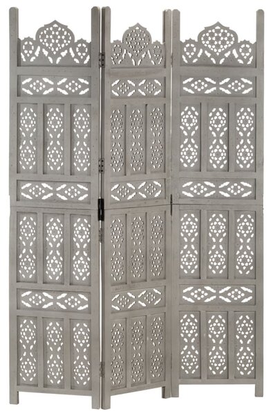Ručne vyrezávaný 3-panelový paraván sivý 120x165 cm mangovníkový masív