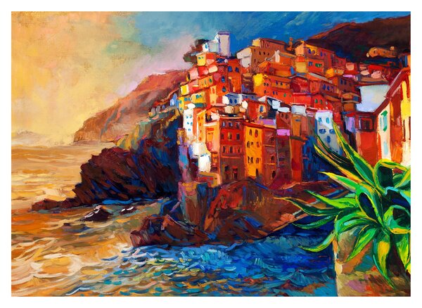 Sklenený obraz - Dedina na pobreží Cinque Terre, Talianska riviéra, moderný impresionizmus (70x50 cm)