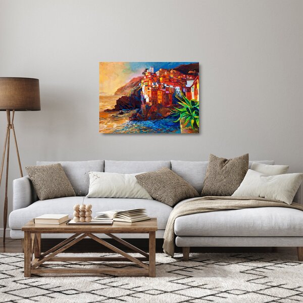 Sklenený obraz - Dedina na pobreží Cinque Terre, Talianska riviéra, moderný impresionizmus (70x50 cm)