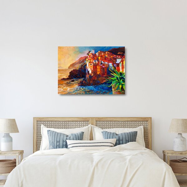 Sklenený obraz - Dedina na pobreží Cinque Terre, Talianska riviéra, moderný impresionizmus (70x50 cm)