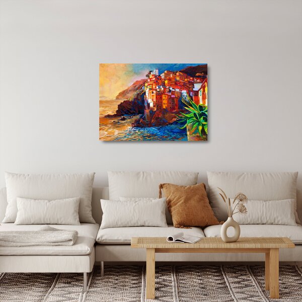 Sklenený obraz - Dedina na pobreží Cinque Terre, Talianska riviéra, moderný impresionizmus (70x50 cm)