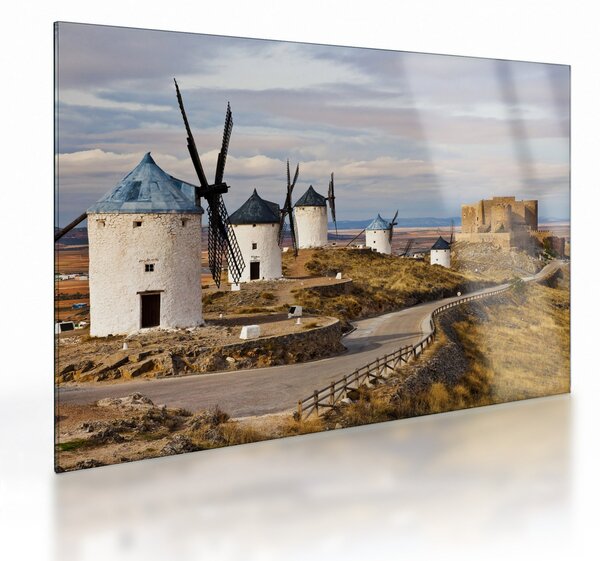 Sklenený obraz - Veterné mlyny Consuegra, Španielsko (70x50 cm)