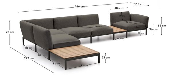 MUZZA Záhradná rohová pohovka rellos s 2 stolíkmi 446 cm tmavosivá