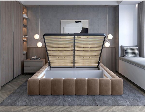 Svetlohnedá čalúnená dvojlôžková posteľ s úložným priestorom s roštom 180x200 cm Lamica – ELTAP