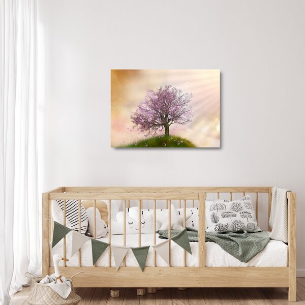 Sklenený obraz rozkvitnutého stromu na vrchole kopca (70x50 cm)