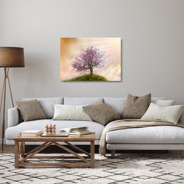 Sklenený obraz rozkvitnutého stromu na vrchole kopca (70x50 cm)