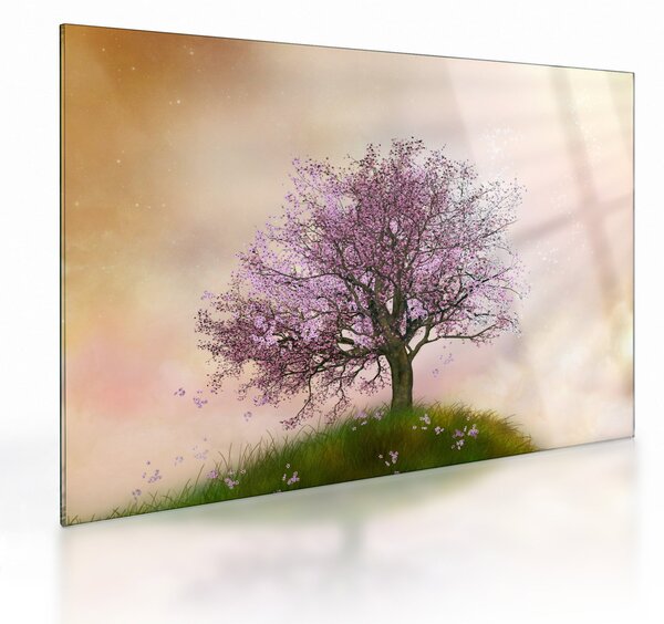 Sklenený obraz rozkvitnutého stromu na vrchole kopca (70x50 cm)