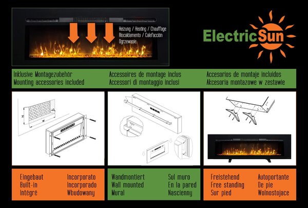 Moderný elektrický krb ElectricSun Paula Glass veľký, vstavané, nástenné a podlahové, so zvukom, 10 farieb plameňa, s aplikácia a diaľkové ovládanie
