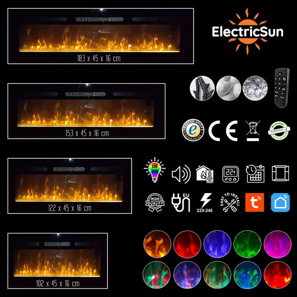 Moderný elektrický krb ElectricSun Paula Glass XS, vstavané, nástenné a podlahové, so zvukom, 10 farieb plameňa, s aplikácia a diaľkové ovládanie, Š10