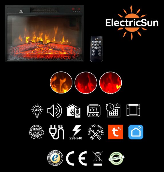Elektrická krbová vložka ElectricSun 23 palcov, s vykurovaním, so zvukom, 3 farieb plameňa, s aplikácia, Š59xV44cm