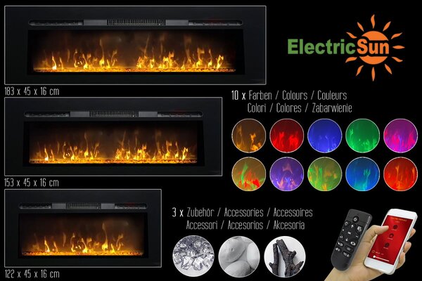 Moderný elektrický krb ElectricSun Paula Glass veľký, vstavané, nástenné a podlahové, so zvukom, 10 farieb plameňa, s aplikácia a diaľkové ovládanie