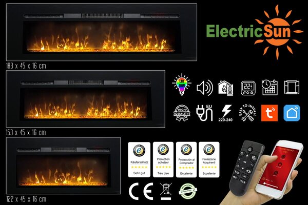 Moderný elektrický krb ElectricSun Paula Glass veľký, vstavané, nástenné a podlahové, so zvukom, 10 farieb plameňa, s aplikácia a diaľkové ovládanie