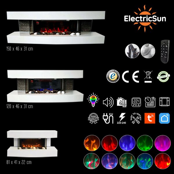 Nástenný elektrický krb ElectricSun Paula Biely stredne, so zvukom, 10 farieb plameňa, s aplikácia a diaľkové ovládanie, s vykurovaním, Š120xV46xH31cm