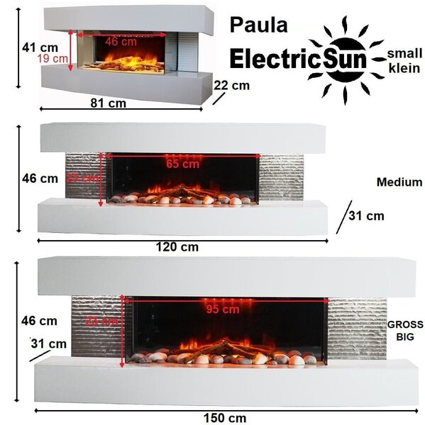 Nástenný elektrický krb ElectricSun Paula Biely stredne, so zvukom, 10 farieb plameňa, s aplikácia a diaľkové ovládanie, s vykurovaním, Š120xV46xH31cm