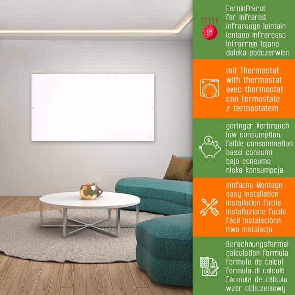 Infračervený sálavý ohrievač ElectricSun 720W Biely, elektrické vykurovanie s termostatu, na montáž na stenu a strop, 120x62cm