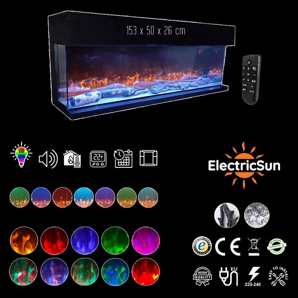 Elektrický krb 3 v 1 s panoramatickým výhľadom ElectricSun VISTA stredne, nástenný, voľne stojaci alebo vstavaný, s viacfarebným LED plameňom, D153xV5