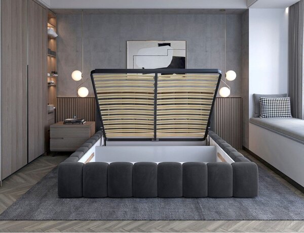Sivá čalúnená dvojlôžková posteľ s úložným priestorom s roštom 140x200 cm Lamica – ELTAP