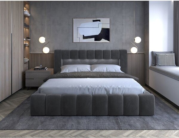Sivá čalúnená dvojlôžková posteľ s úložným priestorom s roštom 140x200 cm Lamica – ELTAP