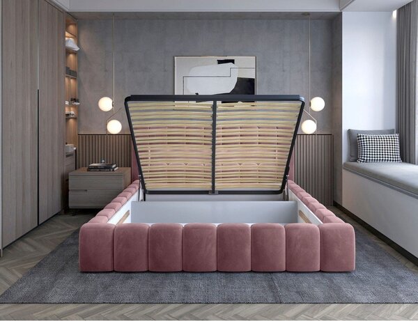 Ružová čalúnená dvojlôžková posteľ s úložným priestorom s roštom 180x200 cm Lamica – ELTAP
