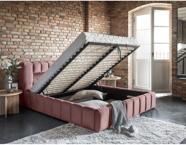 Ružová čalúnená dvojlôžková posteľ s úložným priestorom s roštom 180x200 cm Lamica – ELTAP