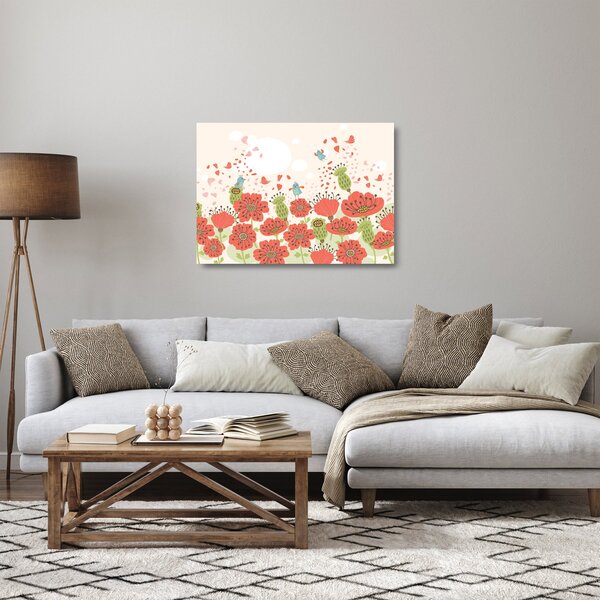 Sklenený obraz - Vtáčiky na rozkvitnutej lúke (70x50 cm)