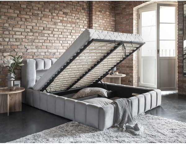 Svetlosivá čalúnená dvojlôžková posteľ s úložným priestorom s roštom 140x200 cm Lamica – ELTAP