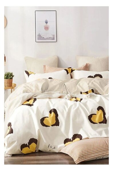 Žlté predĺžené obliečky na dvojlôžko z bavlny Renforcé s plachtou/4-dielne 200x220 cm Double Heart – Mila Home